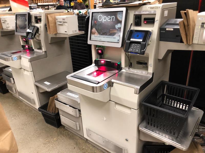 Self-checkout machine at a local grocery store.
